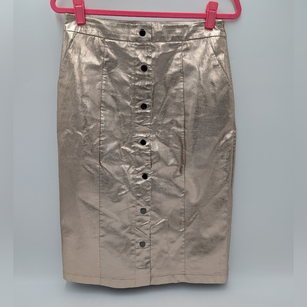 English Factory Metallic Faux Leather Pencil Skirt Modern High Waist Chic M